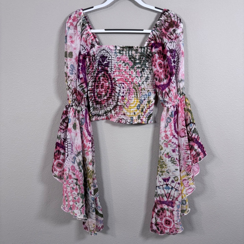 Boho Renaissance Fairy Pink Floral Smocked Crop Top Long Bell Sleeve Women's S